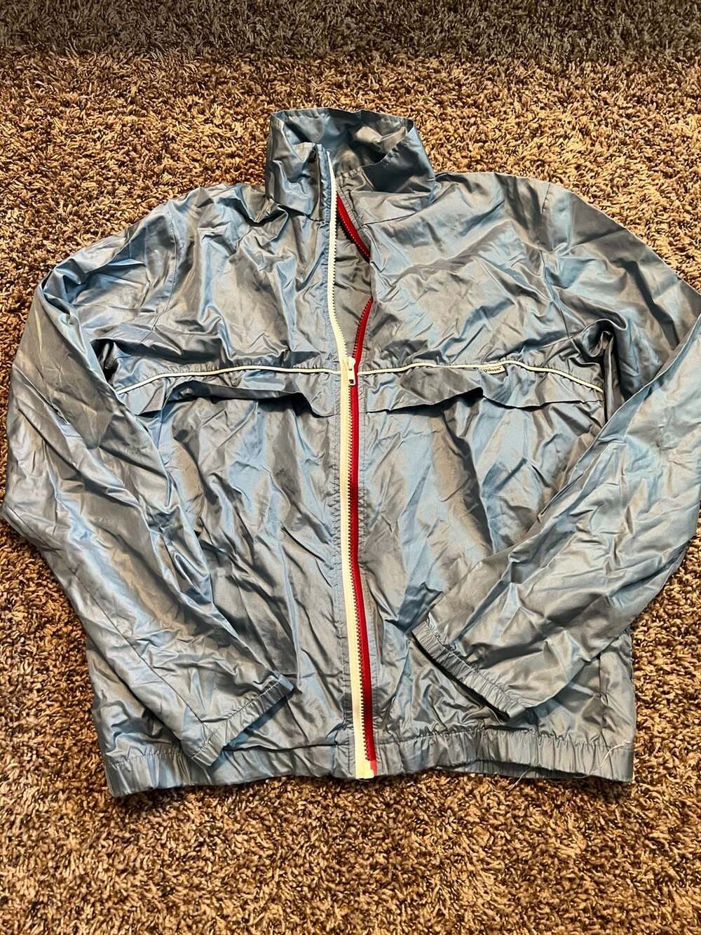 Vintage Wilson Metallic Blue Windbreaker Jacket with Red and White Zipper Detail